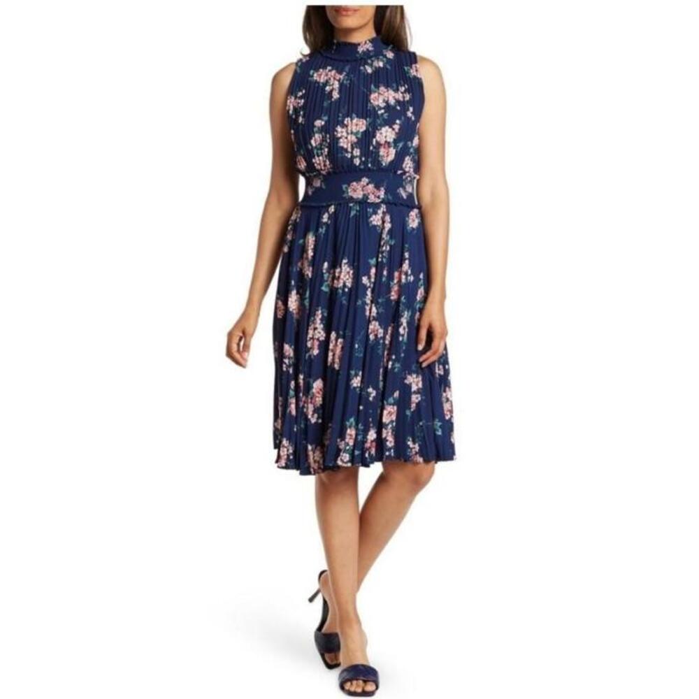 Nanette Lepore Navy Flowered Smock Neck Pleated Dress, Size 8 NWT